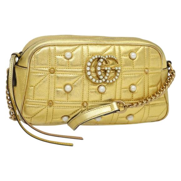 GUCCI GG Marmont Small Camera Bag Chain Bag Leather Gold - Picture 1 of 16